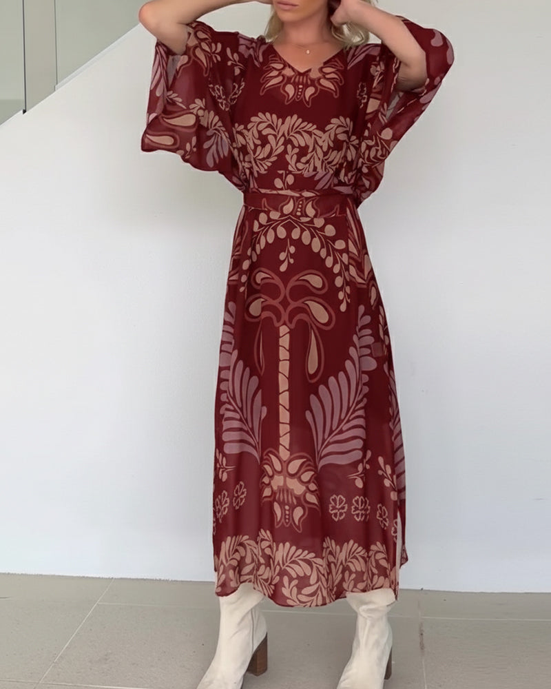 Praxellea - Robe bohème femme maxi ample col V imprimé feuilles élégant
