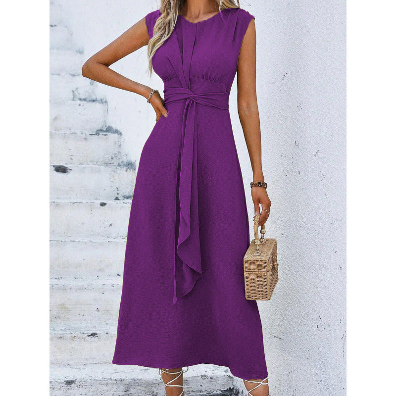 Orivessa - Robe longue femme unie sans manches avec ceinture drapée