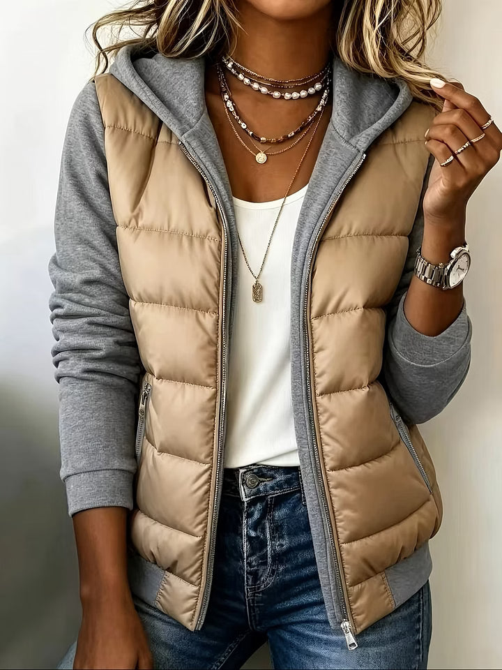Roosje - Women's quilted hooded jacket with two-tone long sleeves