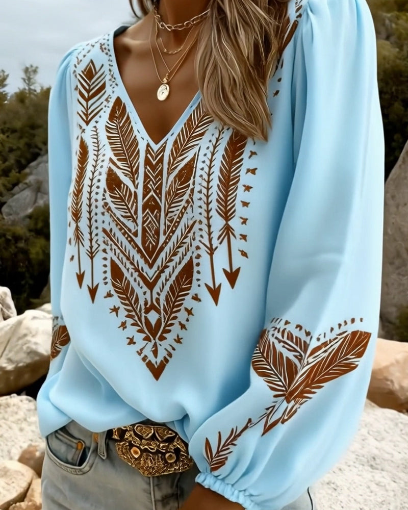 Ixavelle - Blouse femme bohème imprimée col V manches bouffantes