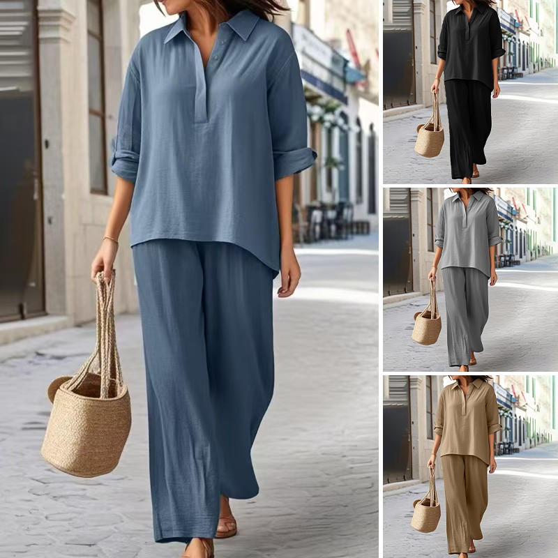 Floriane - Ensemble Chemise et Pantalon Large en Coton et Lin