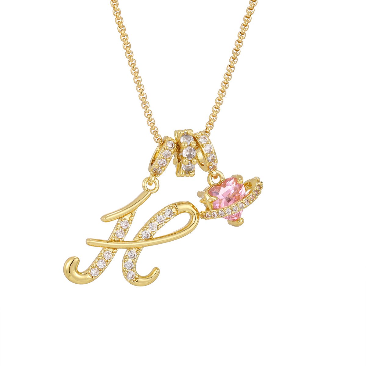 Carmelle - Collier Initiale Avec Cœur Rose Brillant