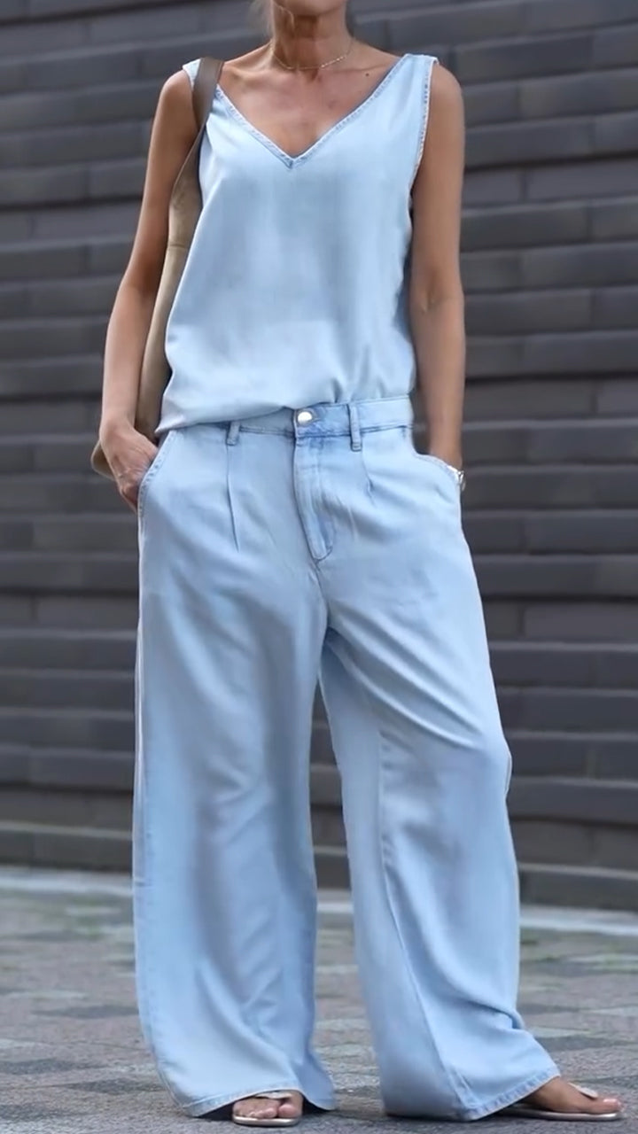 Maravelle - Ensemble féminin décontracté décolleté en V sans manches en denim Tencel