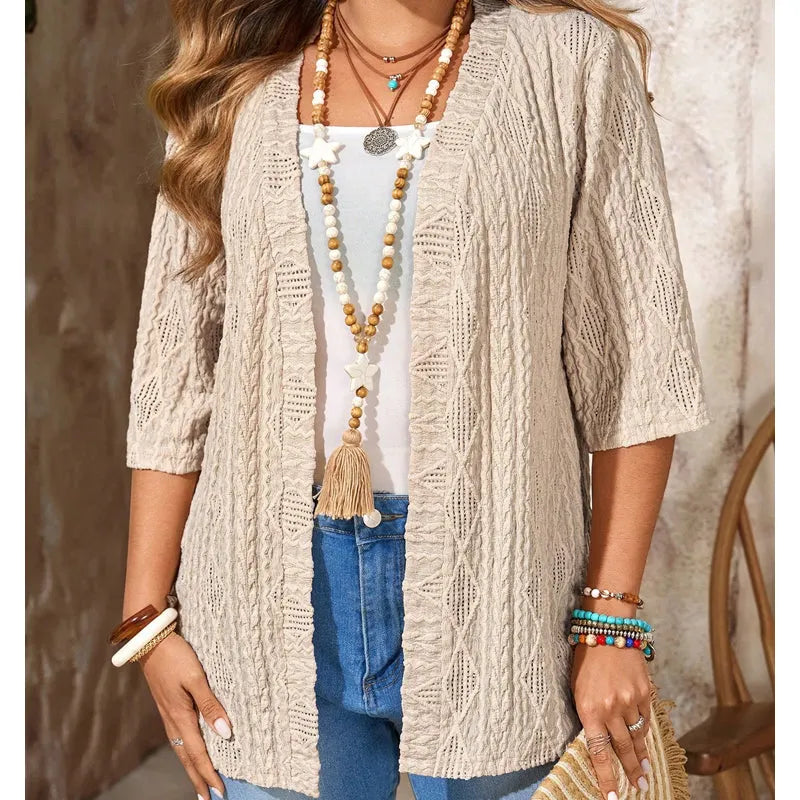 Enora - Cardigan femme tricoté ouvert à manches 3/4