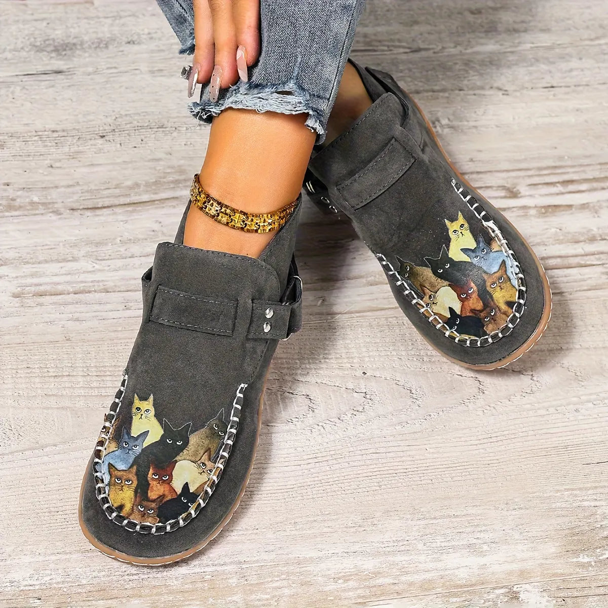 Annefleur - Mocassins femme imprimé chat à enfiler
