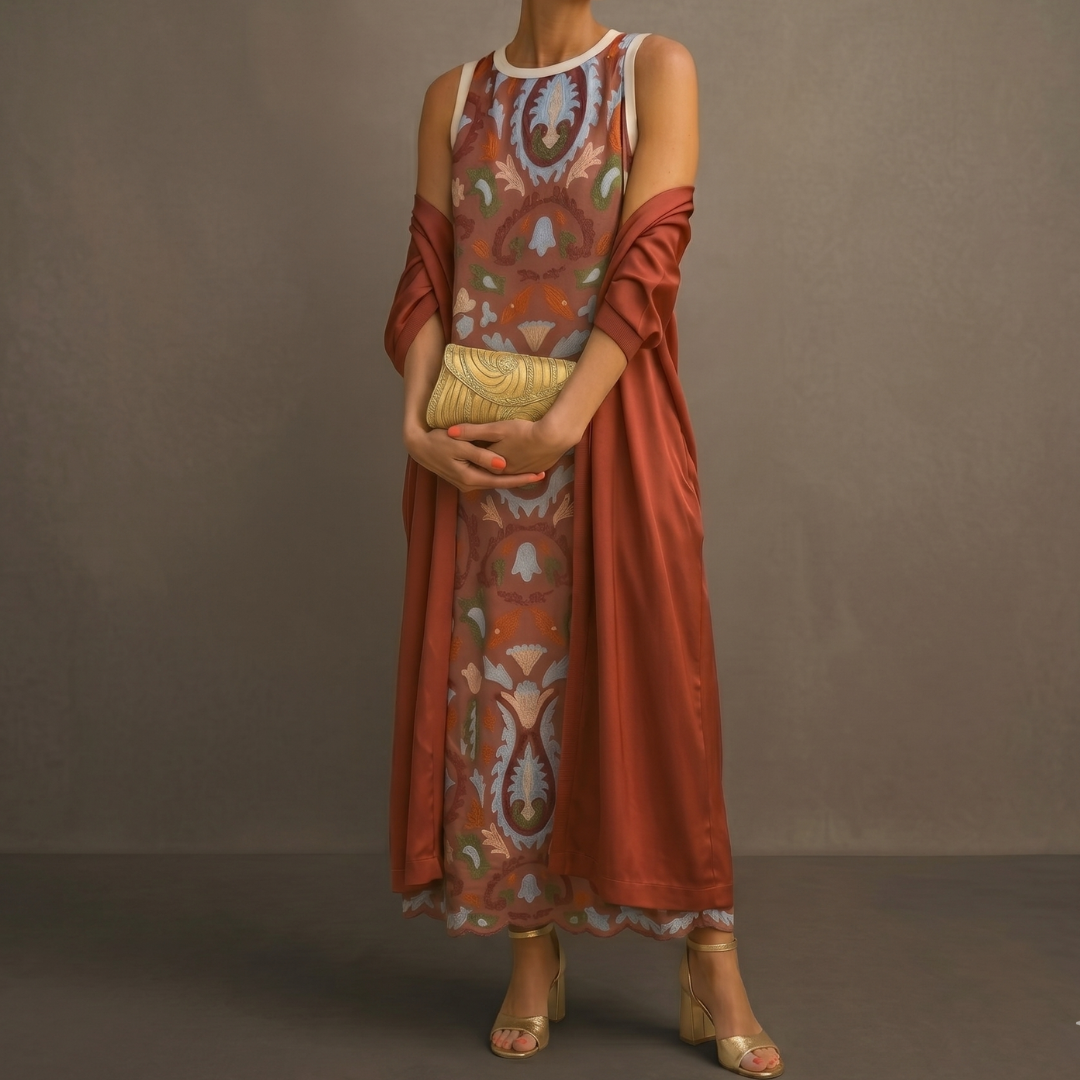 Dorynna - Ensemble femme robe longue imprimée avec gilet coordonné
