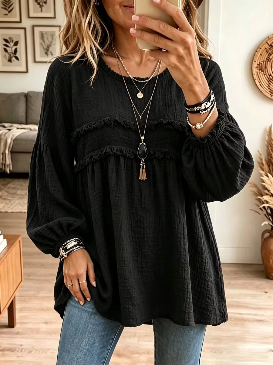 Noëlie - Women's loose-fit babydoll tunic with ruffles and balloon sleeves