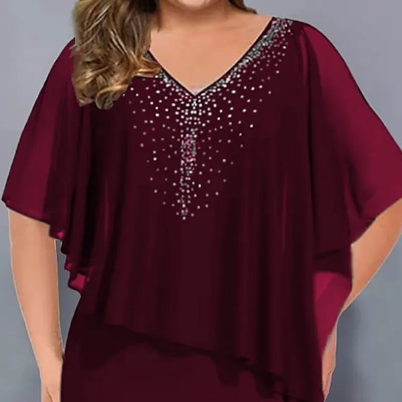Lorenne - Robe cape femme avec strass et superposition en mousseline