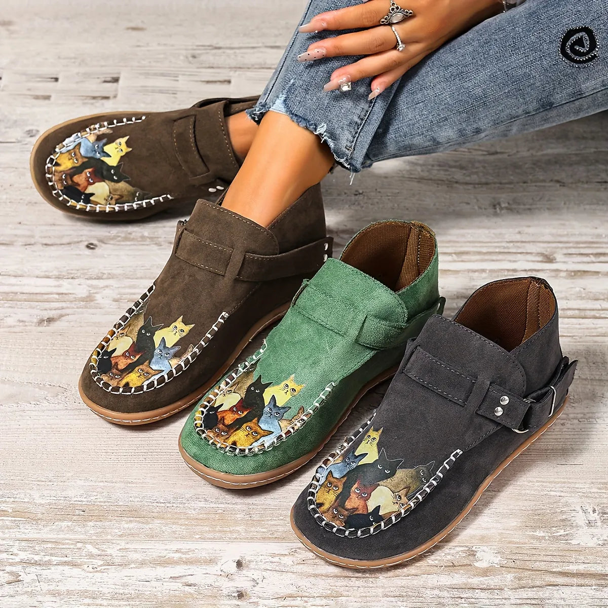 Annefleur - Mocassins femme imprimé chat à enfiler