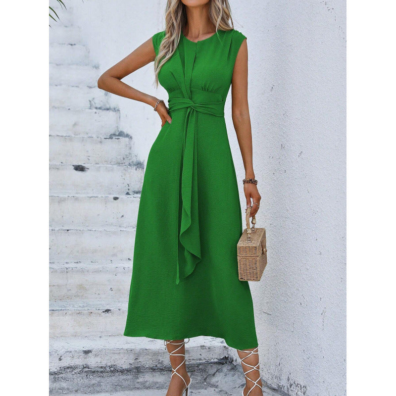 Orivessa - Robe longue femme unie sans manches avec ceinture drapée