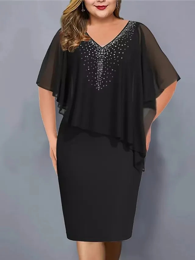 Lorenne - Robe cape femme avec strass et superposition en mousseline
