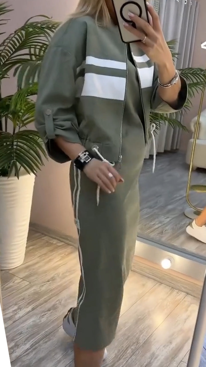Pravella - Ensemble femme casual-chic avec robe midi à col rond et veste zippée