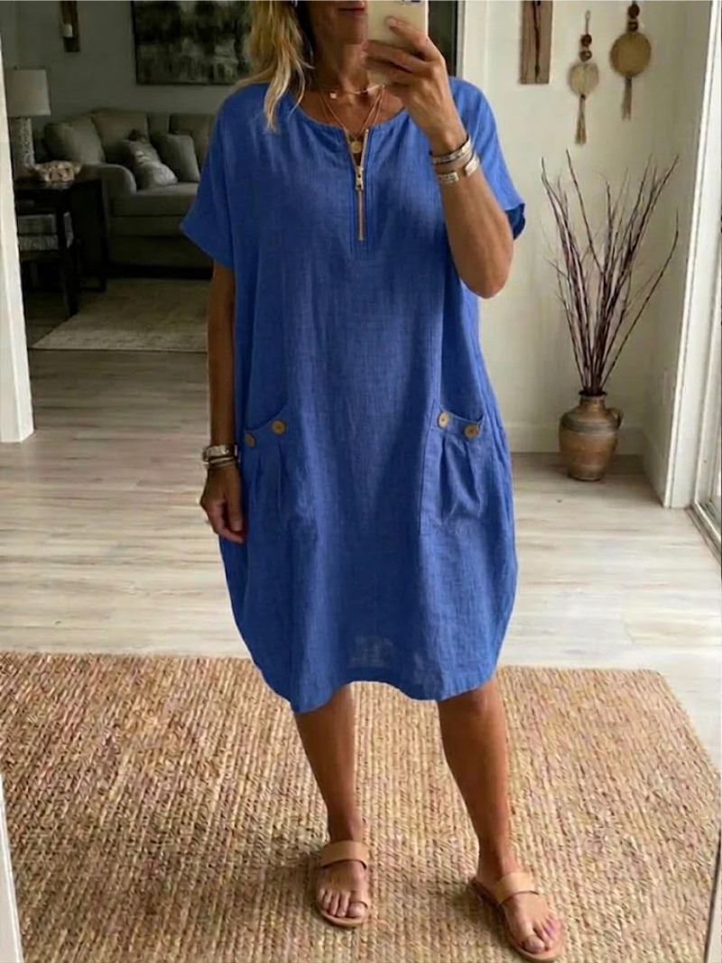Sylexa - Robe Femme Coupe Ample Col Rond Zip Frontal Style Décontracté