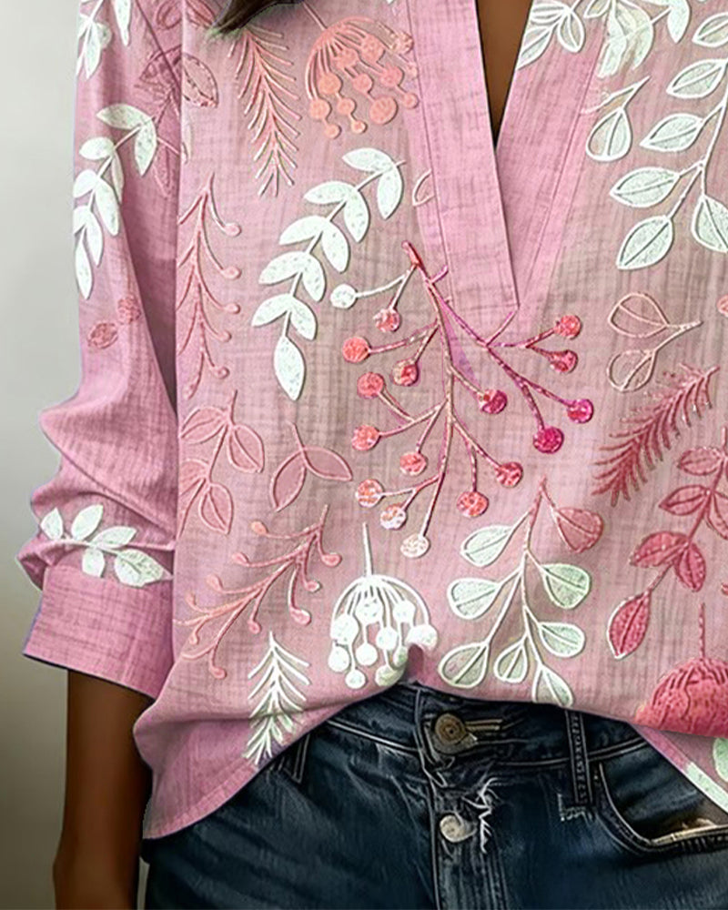 Drynora - Blouse femme imprimée florale col ouvert manches longues style élégant