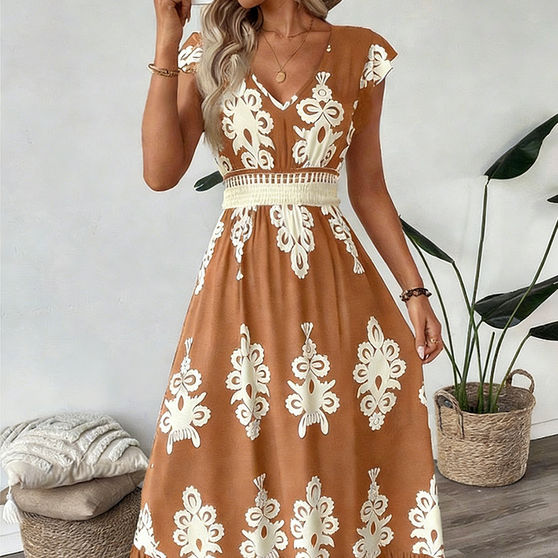 Syloria - Robe longue femme à imprimé baroque et décolleté en V