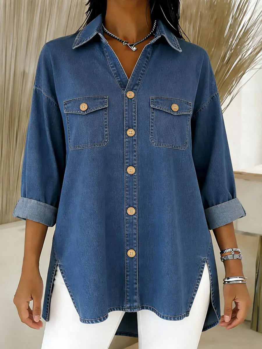 Cléa - Women's loose-fit long denim shirt with chest pockets