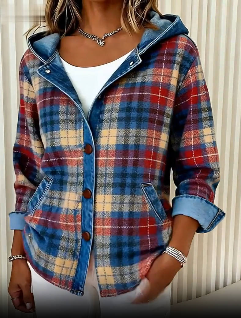Nadrina - Veste en Jean à Capuche et Motif à Carreaux Contrastés