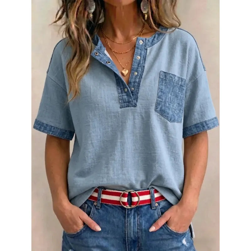 Tivellea - Top femme en coton à col V avec détails denim