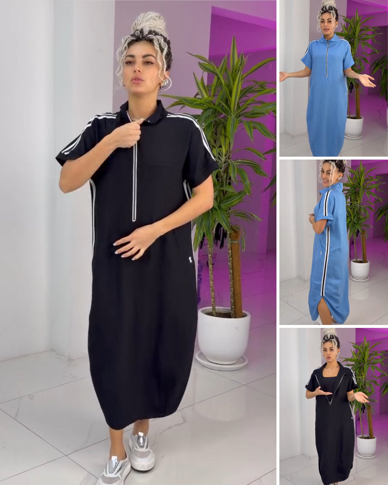 Gavrixa - Robe femme longue zippée col montant coupe fluide style sport chic confortable