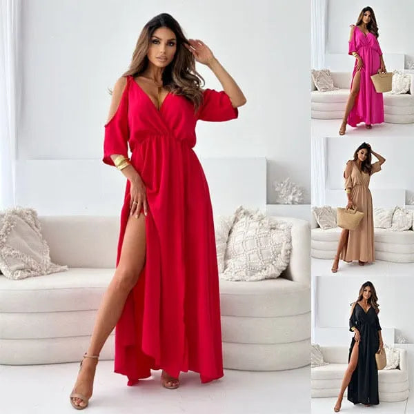 Rovenza - Robe maxi femme épaules dénudées avec fente élégante