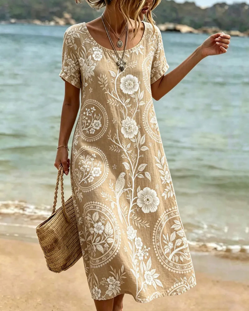 Loane - Robe midi femme imprimée floral et oiseau à col rond