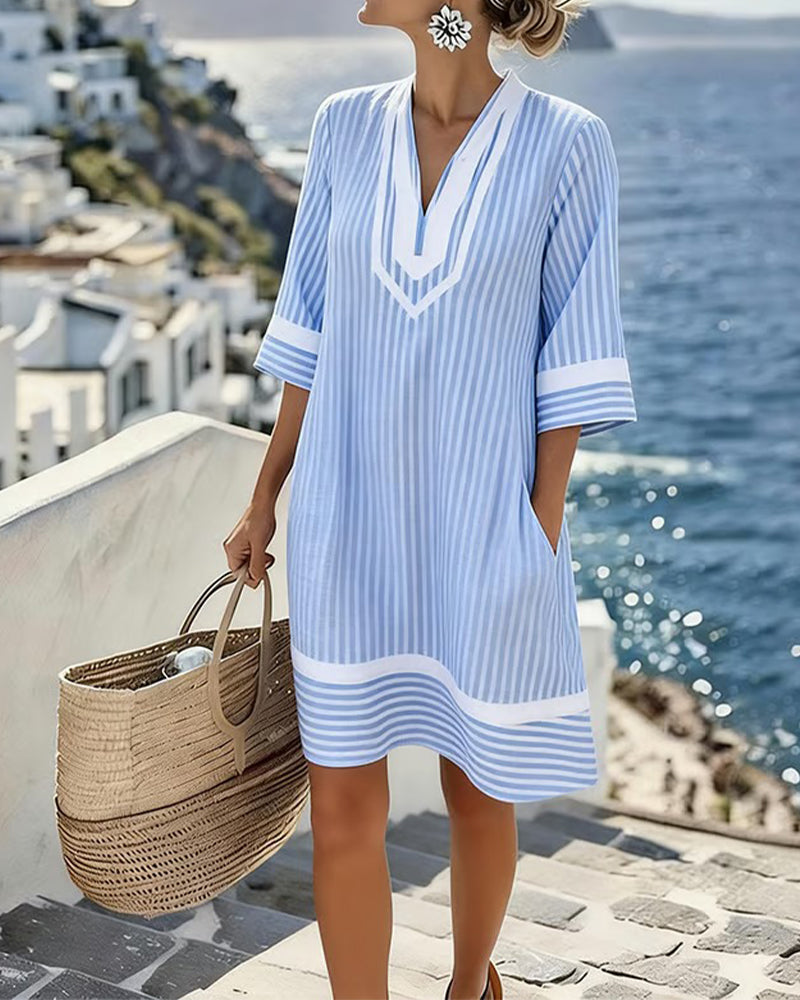Telyxa - Robe Femme Rayures Fluide Col V Style Estival