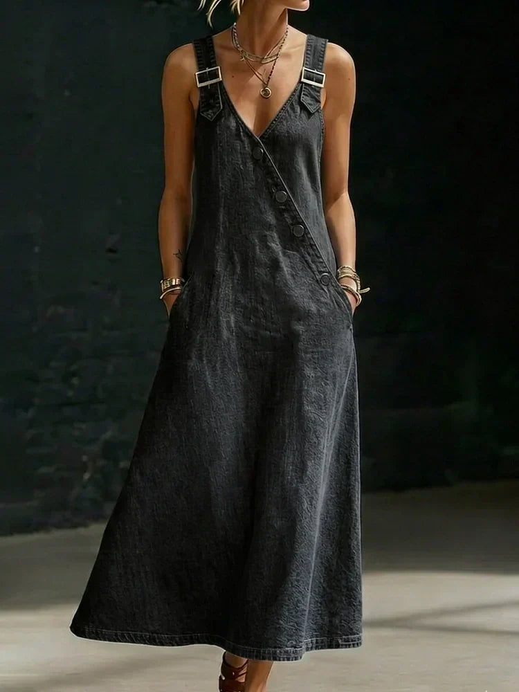 Perenelle - Robe longue femme en denim avec boutons asymétriques
