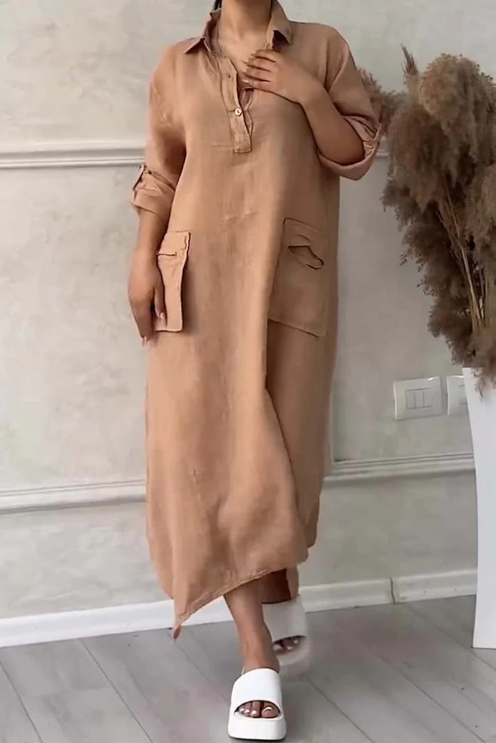 Leontine - Robe maxi femme en lin et coton avec revers