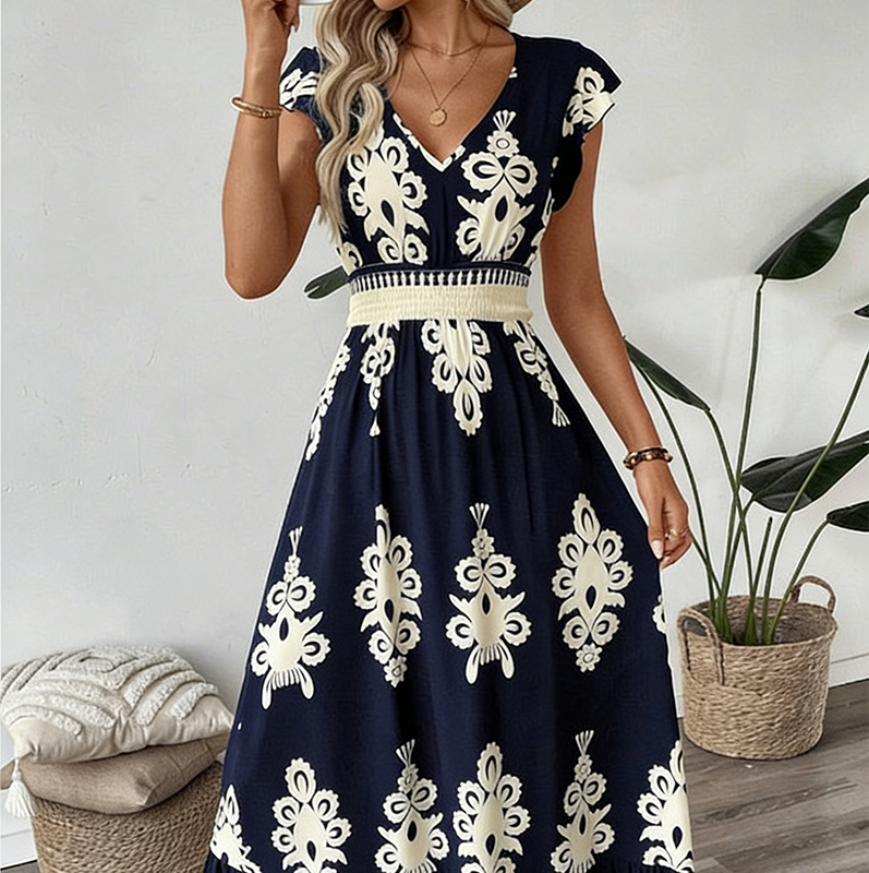 Syloria - Robe longue femme à imprimé baroque et décolleté en V