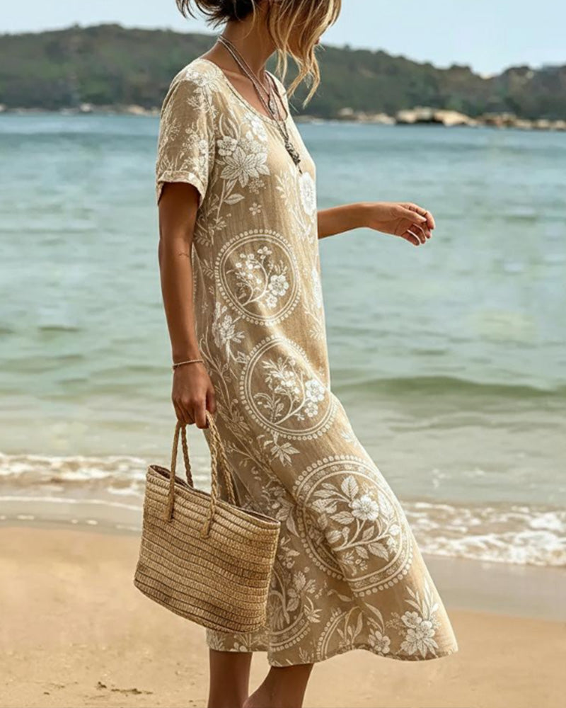 Loane - Robe midi femme imprimée floral et oiseau à col rond