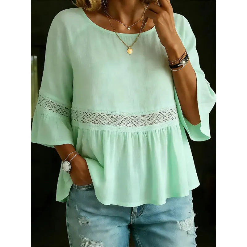 Evarielle - Blouse femme dentelle et basque avec manches volantées