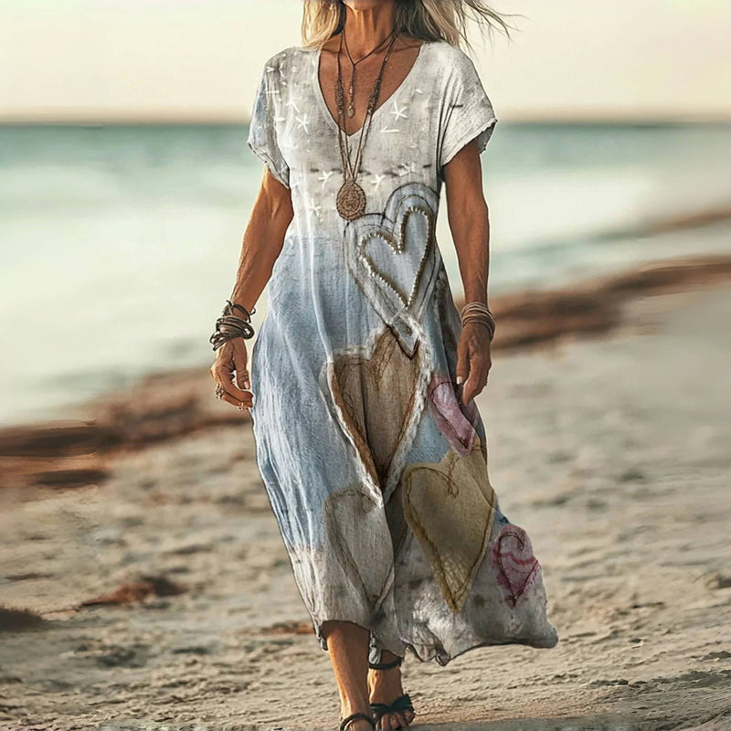 Myravina - Robe midi femme vintage à imprimé cœur et col V