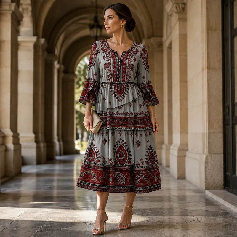Ramona - Robe femme bohème à volants avec imprimé ethnique