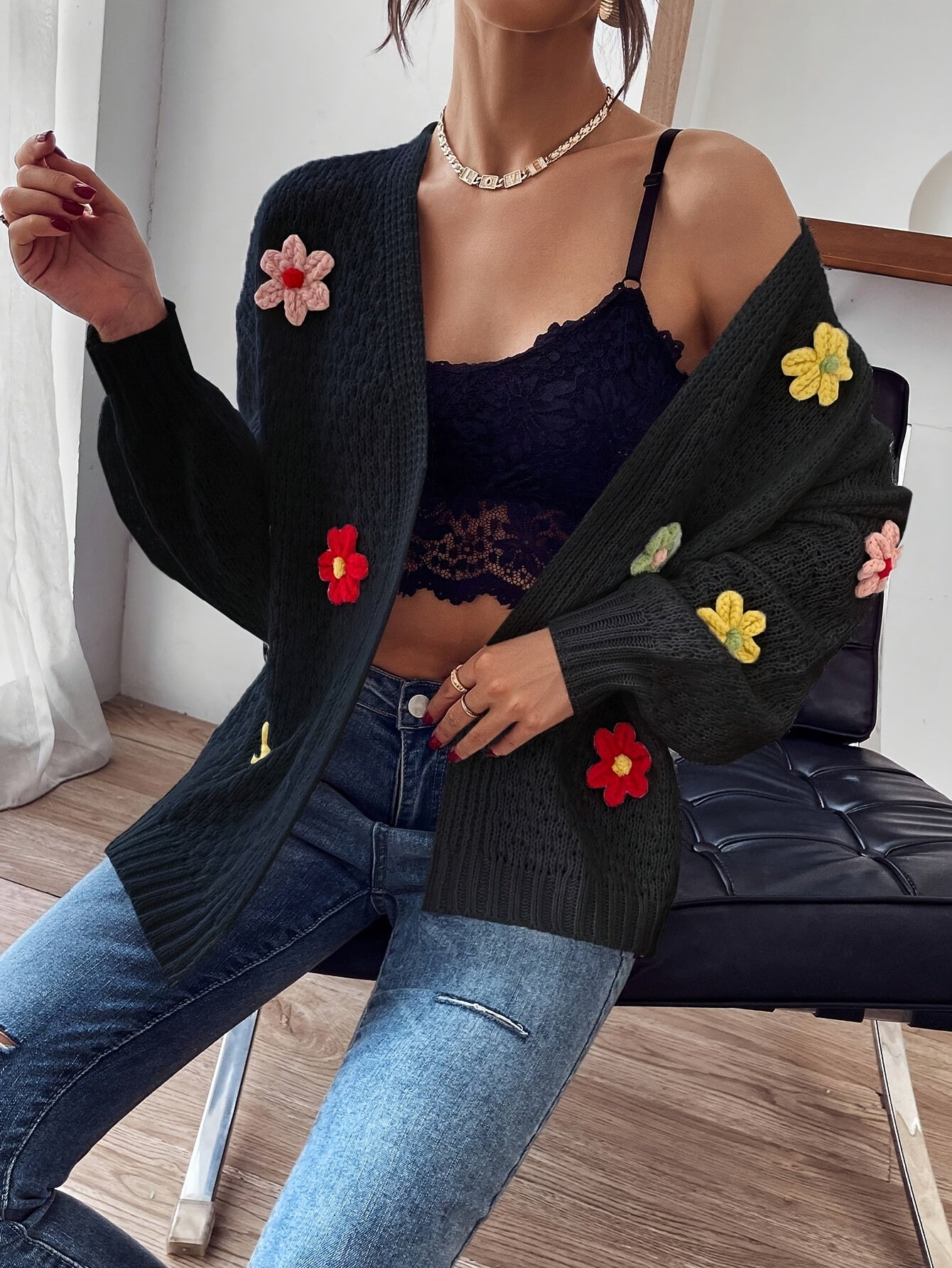 Risette - Cardigan Tricoté à Motif Floral