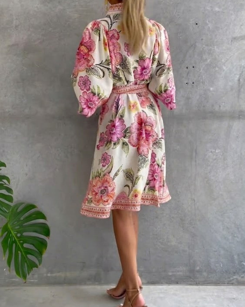 Glyssara - Robe florale élégante femme à manches lanterne et boutons