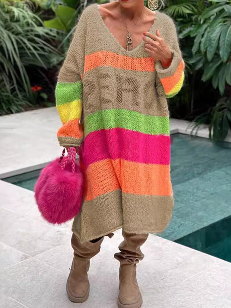 Elviana - Robe Pull en Cachemire à Blocs de Couleurs