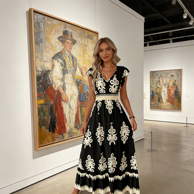 Syloria - Robe longue femme à imprimé baroque et décolleté en V