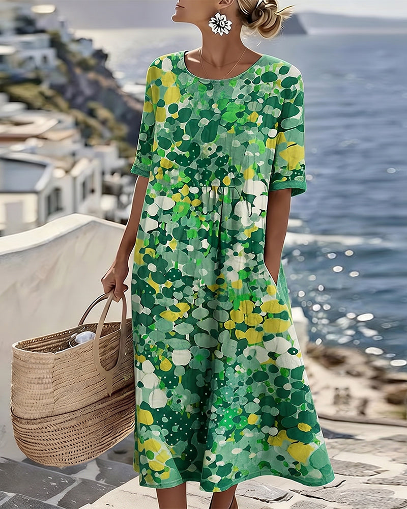 Averixa - Robe femme mi-longue imprimé floral abstrait coton lin été