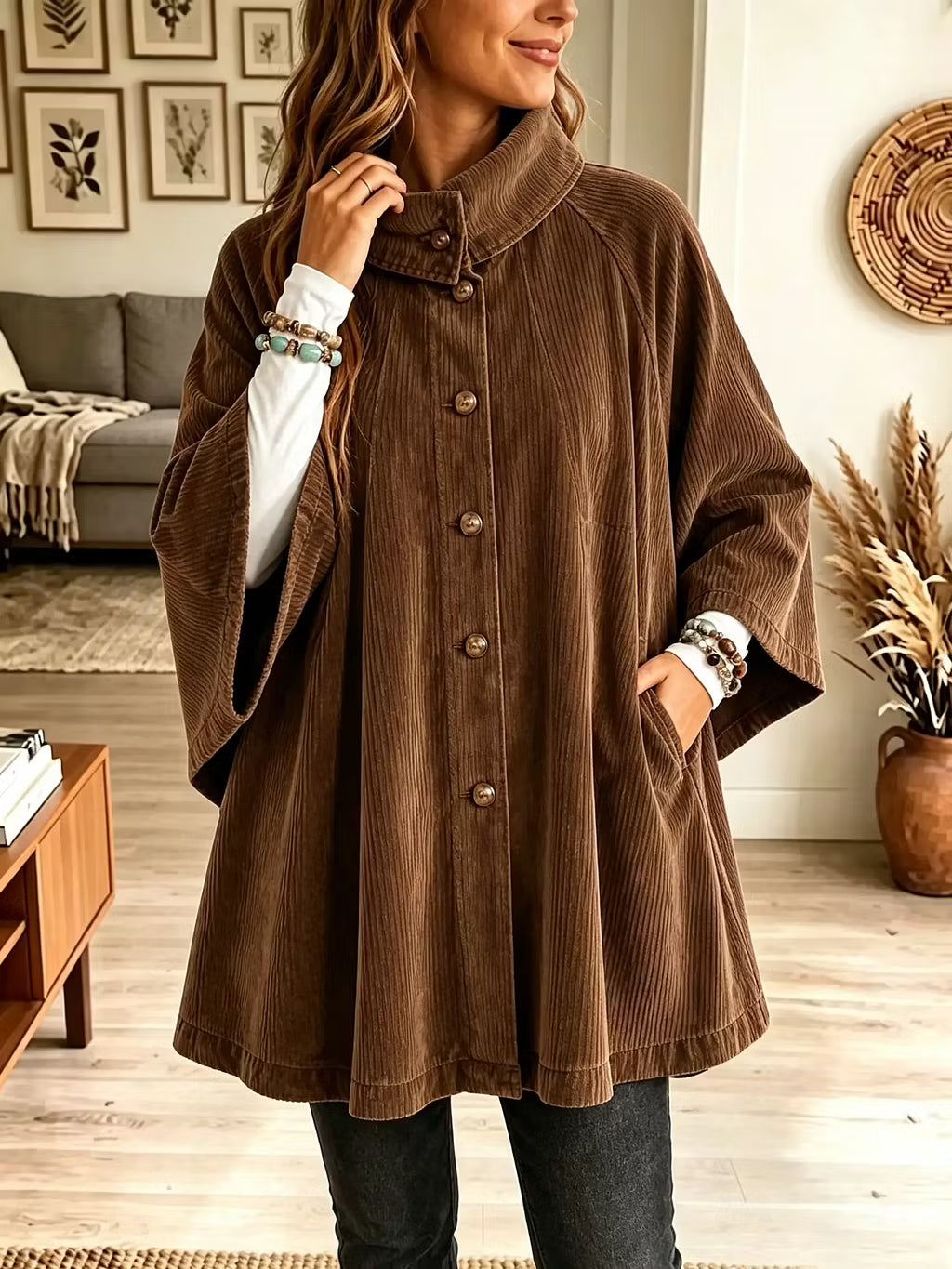Titia - Women's oversized corduroy cape coat with a turndown collar