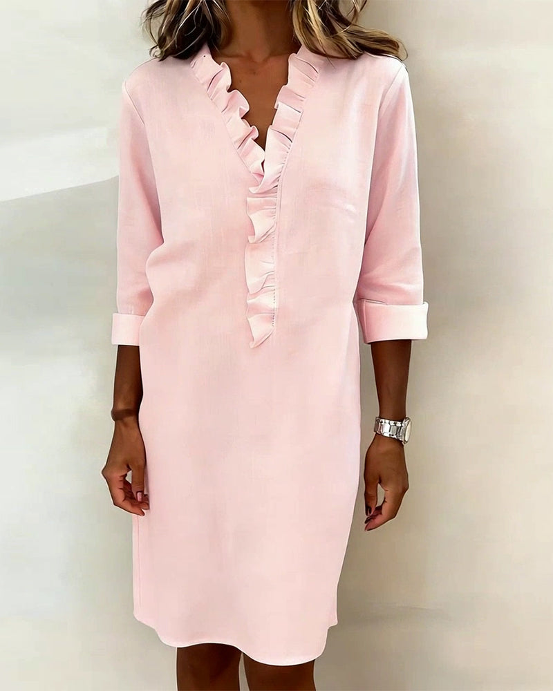 Ophivyn - Robe femme col V à volants coupe droite style décontracté