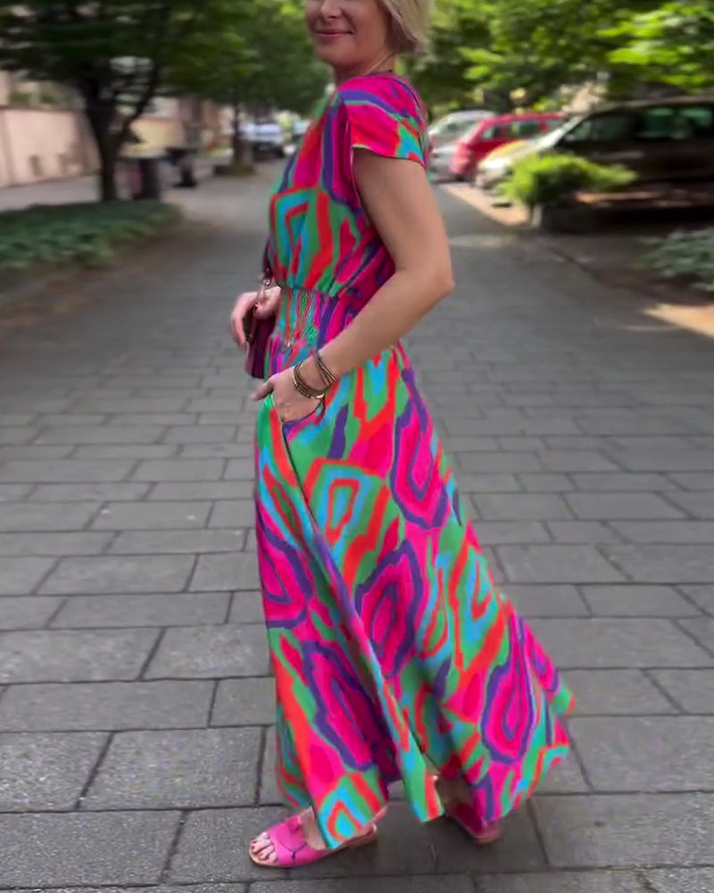 Roxana - Robe longue à imprimé coloré avec décolleté en V et manches raglan