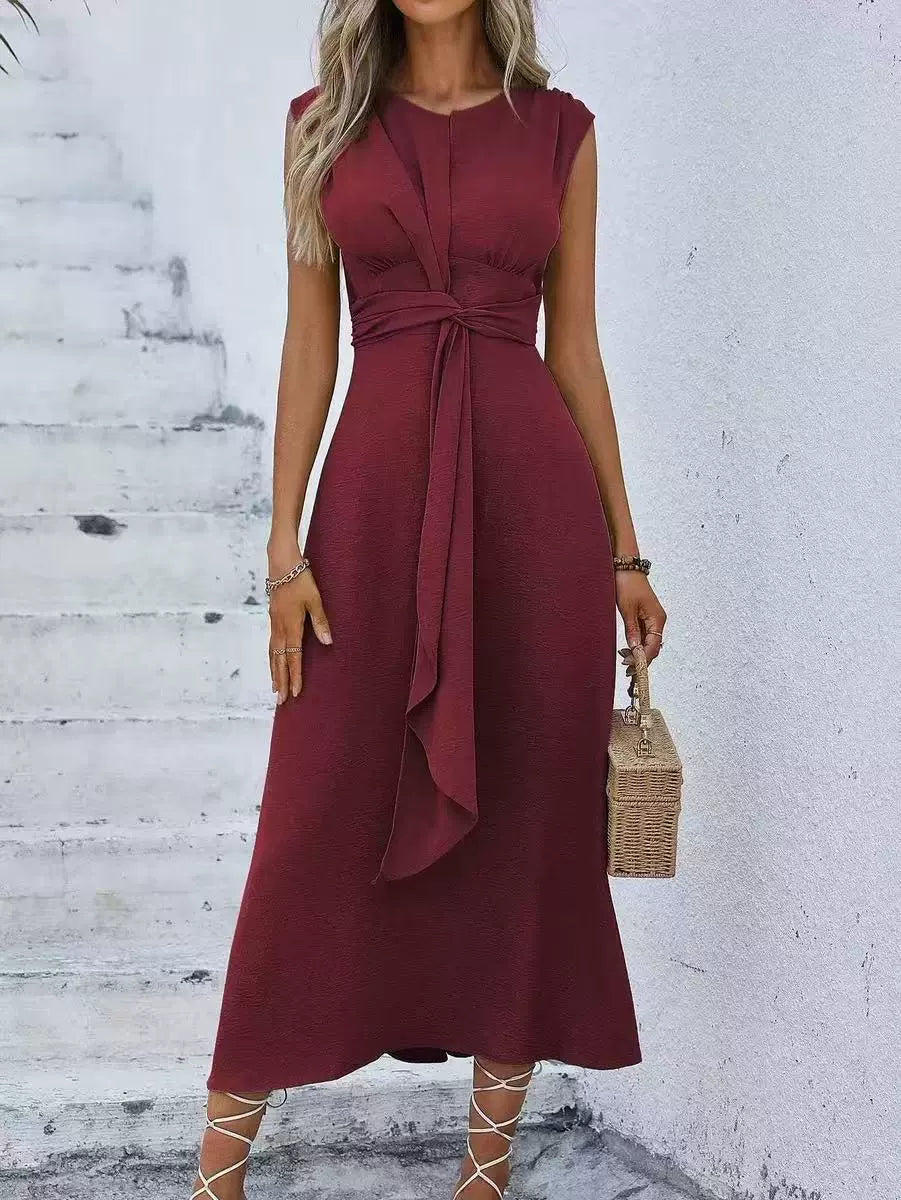 Orivessa - Robe longue femme unie sans manches avec ceinture drapée
