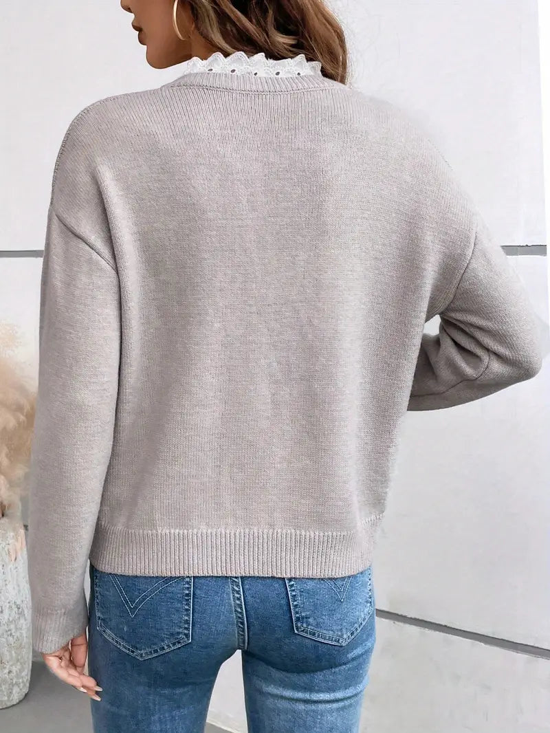 Olivarae - Pull Tricoté Élégant avec Col en Dentelle Raffiné