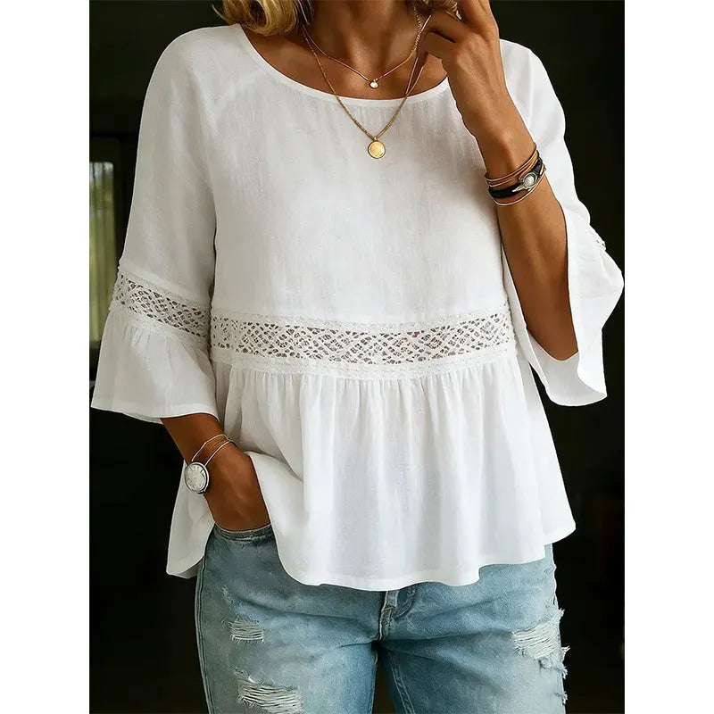 Evarielle - Blouse femme dentelle et basque avec manches volantées