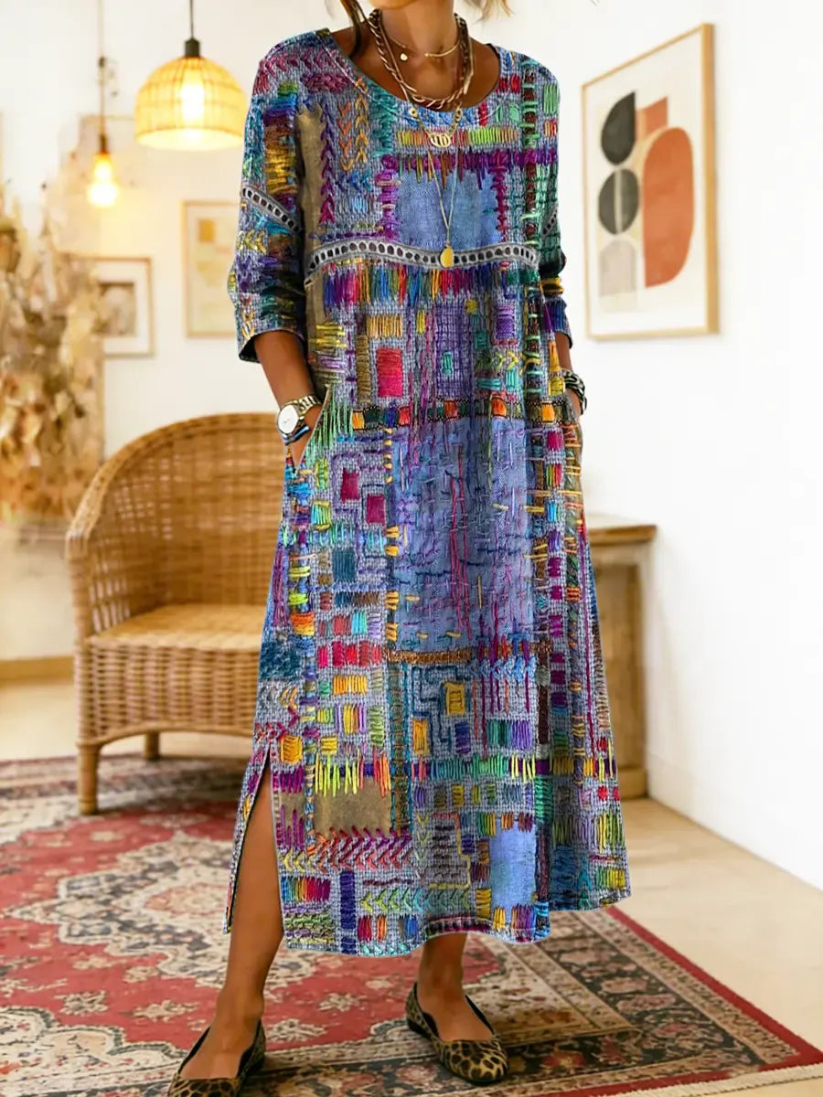 Lunethra - Robe Denim Patchwork Ethnique Femme