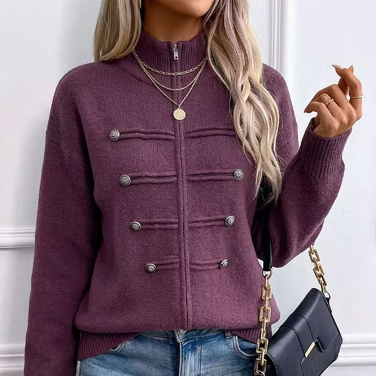Teuntje - Women's knit cardigan with high neck, zip, and decorative buttons