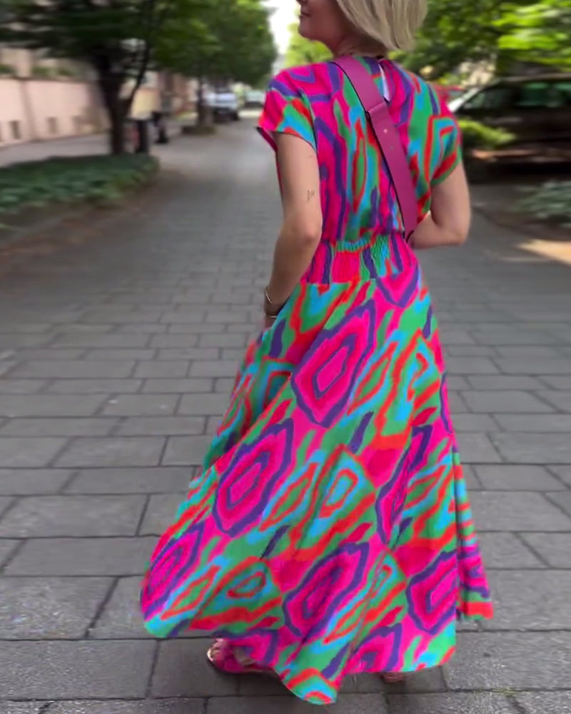 Roxana - Robe longue à imprimé coloré avec décolleté en V et manches raglan