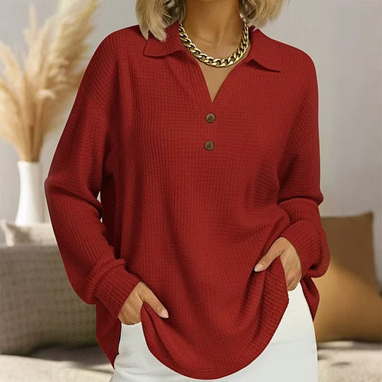 Jorina - Blouse Femme à Col V Boutonné et Manches Longues en Maille Gaufrée