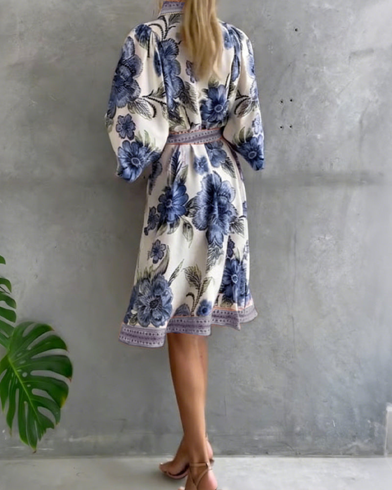 Glyssara - Robe florale élégante femme à manches lanterne et boutons