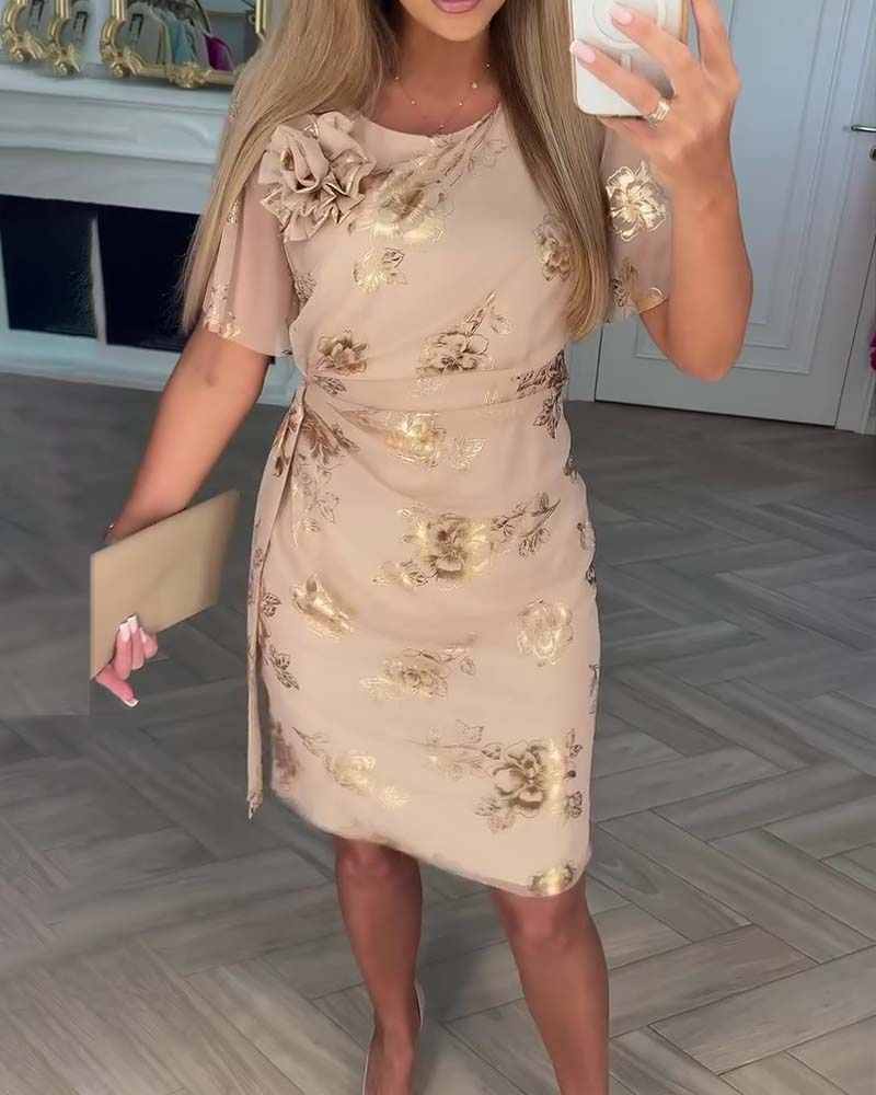 Dorevina - Robe femme élégante imprimée florale avec manches courtes et taille ajustée
